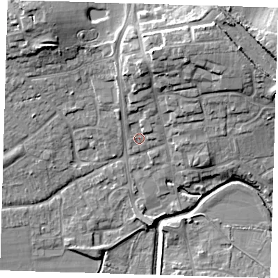Shaded relief map of the ground around TN85DT, computed from Environment Agency LiDAR. The ground here sits at about 42 m above sea level and falls 14 m across the surrounding 800 m. Surface water reaching this point runs off ground lying to the north, 6.0 m higher.