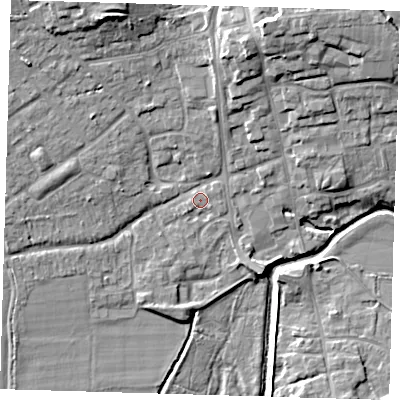 Shaded relief map of the ground around TN85DU, computed from Environment Agency LiDAR. The ground here sits at about 41 m above sea level and falls 14 m across the surrounding 800 m. Surface water reaching this point runs off ground lying to the south-west, 1.1 m higher.