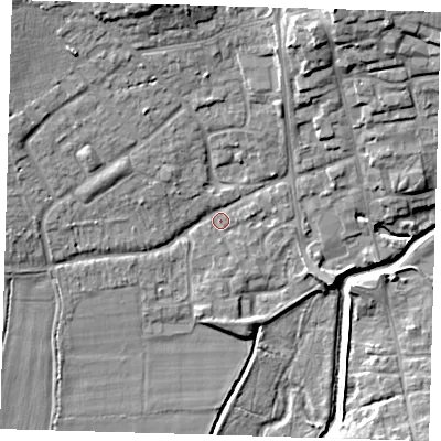 Shaded relief map of the ground around TN85DX, computed from Environment Agency LiDAR. The ground here sits at about 41 m above sea level and falls 14 m across the surrounding 800 m. Surface water reaching this point runs off ground lying to the west-north-west, 5.5 m higher.