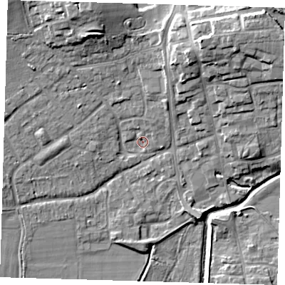 Shaded relief map of the ground around TN85ED, computed from Environment Agency LiDAR. The ground here sits at about 41 m above sea level and falls 14 m across the surrounding 800 m. Surface water reaching this point runs off ground lying to the north-north-west, 10.1 m higher.