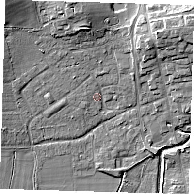 Shaded relief map of the ground around TN85EE, computed from Environment Agency LiDAR. The ground here sits at about 42 m above sea level and falls 15 m across the surrounding 800 m. Surface water reaching this point runs off ground lying to the north-west, 12.0 m higher.