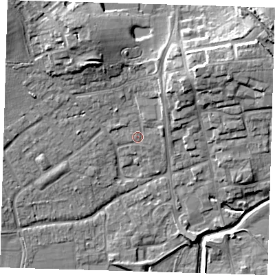 Shaded relief map of the ground around TN85EG, computed from Environment Agency LiDAR. The ground here sits at about 43 m above sea level and falls 14 m across the surrounding 800 m. Surface water reaching this point runs off ground lying to the north-north-west, 7.7 m higher.