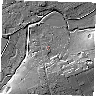 Shaded relief map of the ground around TN85ET, computed from Environment Agency LiDAR. The ground here sits at about 42 m above sea level and falls 13 m across the surrounding 800 m. Surface water reaching this point runs off ground lying to the south-east, 9.3 m higher.