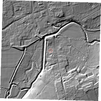 Shaded relief map of the ground around TN85FE, computed from Environment Agency LiDAR. The ground here sits at about 40 m above sea level and falls 13 m across the surrounding 800 m. Surface water reaching this point runs off ground lying to the south-east, 11.0 m higher.