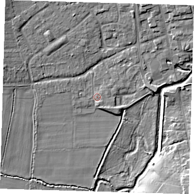 Shaded relief map of the ground around TN85HF, computed from Environment Agency LiDAR. The ground here sits at about 42 m above sea level and falls 10 m across the surrounding 800 m. Surface water reaching this point runs off ground lying to the west, 1.5 m higher.