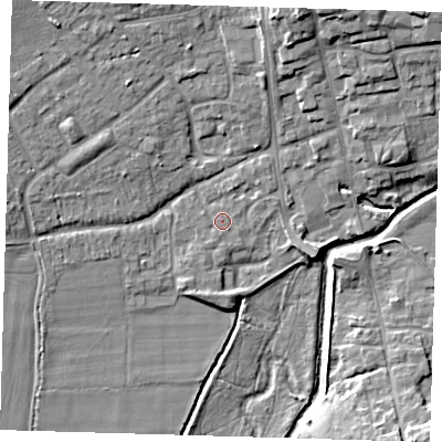 Shaded relief map of the ground around TN85JY, computed from Environment Agency LiDAR. The ground here sits at about 42 m above sea level and falls 12 m across the surrounding 800 m. Surface water reaching this point runs off ground lying to the south, 0.6 m higher.