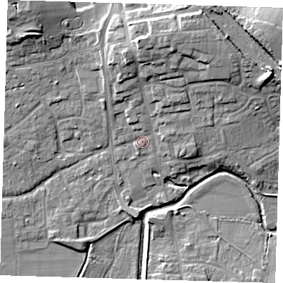 Shaded relief map of the ground around TN85LE, computed from Environment Agency LiDAR. The ground here sits at about 42 m above sea level and falls 14 m across the surrounding 800 m. Surface water reaching this point runs off ground lying to the north-north-east, 1.9 m higher.