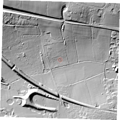 Shaded relief map of the ground around TN85LL, computed from Environment Agency LiDAR. The ground here sits at about 47 m above sea level and falls 26 m across the surrounding 800 m. Surface water reaching this point runs off ground lying to the north, 13.8 m higher.