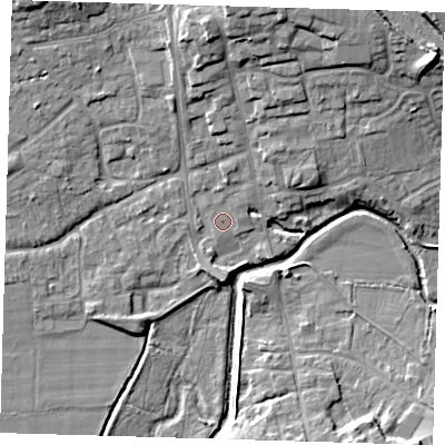 Shaded relief map of the ground around TN85LN, computed from Environment Agency LiDAR. The ground here sits at about 41 m above sea level and falls 14 m across the surrounding 800 m. Surface water reaching this point runs off ground lying to the north, 10.5 m higher.
