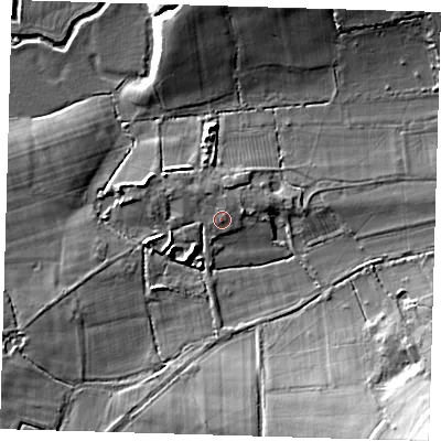 Shaded relief map of the ground around TN85PP, computed from Environment Agency LiDAR. The ground here sits at about 43 m above sea level and falls 17 m across the surrounding 800 m. Surface water reaching this point runs off ground lying to the north-north-west, 0.8 m higher.