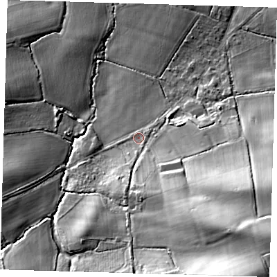 Shaded relief map of the ground around TN85QR, computed from Environment Agency LiDAR. The ground here sits at about 52 m above sea level and falls 34 m across the surrounding 800 m. Surface water reaching this point runs off ground lying to the south-south-east, 8.9 m higher.
