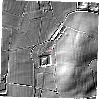 Shaded relief map of the ground around TN85RD, computed from Environment Agency LiDAR. The ground here sits at about 48 m above sea level and falls 20 m across the surrounding 800 m. Surface water reaching this point runs off ground lying to the south-east, 14.9 m higher.