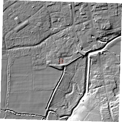 Shaded relief map of the ground around TN85RH, computed from Environment Agency LiDAR. The ground here sits at about 41 m above sea level and falls 11 m across the surrounding 800 m. Surface water reaching this point runs off ground lying to the south-west, 2.6 m higher.