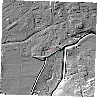 Shaded relief map of the ground around TN85RJ, computed from Environment Agency LiDAR. The ground here sits at about 41 m above sea level and falls 11 m across the surrounding 800 m. Surface water reaching this point runs off ground lying to the south-west, 2.6 m higher.