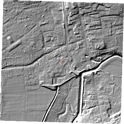 Shaded relief map of the ground around TN85RN, computed from Environment Agency LiDAR. The ground here sits at about 41 m above sea level and falls 12 m across the surrounding 800 m. Surface water reaching this point runs off ground lying to the south-west, 0.6 m higher.