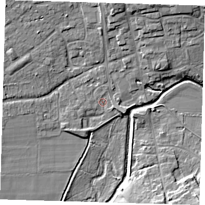 Shaded relief map of the ground around TN85RQ, computed from Environment Agency LiDAR. The ground here sits at about 41 m above sea level and falls 11 m across the surrounding 800 m. Surface water reaching this point runs off ground lying to the south-west, 2.6 m higher.