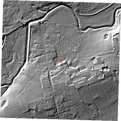 Shaded relief map of the ground around TN85SE, computed from Environment Agency LiDAR. The ground here sits at about 41 m above sea level and falls 14 m across the surrounding 800 m. Surface water reaching this point runs off ground lying to the south-east, 9.1 m higher.