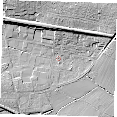 Shaded relief map of the ground around TN86BQ, computed from Environment Agency LiDAR. The ground here sits at about 42 m above sea level and falls 21 m across the surrounding 800 m. Surface water reaching this point runs off ground lying to the north-north-west, 15.7 m higher.