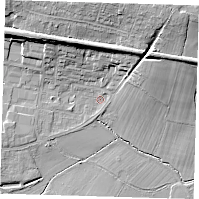 Shaded relief map of the ground around TN86DH, computed from Environment Agency LiDAR. The ground here sits at about 42 m above sea level and falls 21 m across the surrounding 800 m. Surface water reaching this point runs off ground lying to the north-north-west, 15.4 m higher.