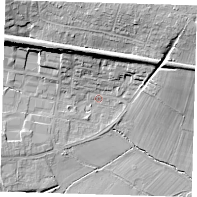 Shaded relief map of the ground around TN86DJ, computed from Environment Agency LiDAR. The ground here sits at about 43 m above sea level and falls 21 m across the surrounding 800 m. Surface water reaching this point runs off ground lying to the north-west, 15.7 m higher.