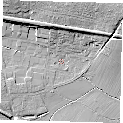 Shaded relief map of the ground around TN86DL, computed from Environment Agency LiDAR. The ground here sits at about 41 m above sea level and falls 21 m across the surrounding 800 m. Surface water reaching this point runs off ground lying to the west-south-west, 1.7 m higher.