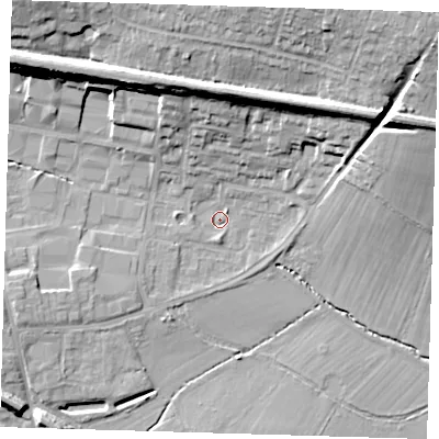 Shaded relief map of the ground around TN86DN, computed from Environment Agency LiDAR. The ground here sits at about 41 m above sea level and falls 21 m across the surrounding 800 m. Surface water reaching this point runs off ground lying to the west-south-west, 2.3 m higher.