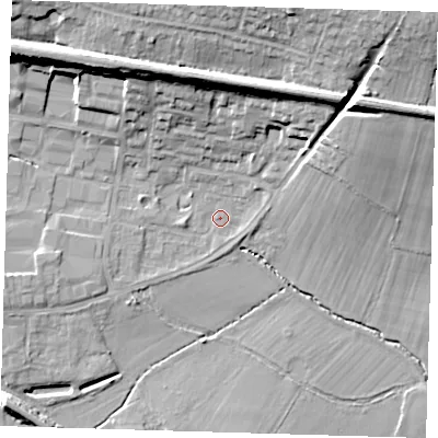 Shaded relief map of the ground around TN86DP, computed from Environment Agency LiDAR. The ground here sits at about 42 m above sea level and falls 20 m across the surrounding 800 m. Surface water reaching this point runs off ground lying to the west-south-west, 2.1 m higher.
