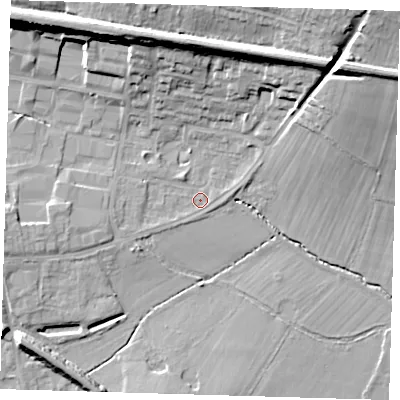 Shaded relief map of the ground around TN86DR, computed from Environment Agency LiDAR. The ground here sits at about 42 m above sea level and falls 19 m across the surrounding 800 m. Surface water reaching this point runs off ground lying to the west-south-west, 4.7 m higher.
