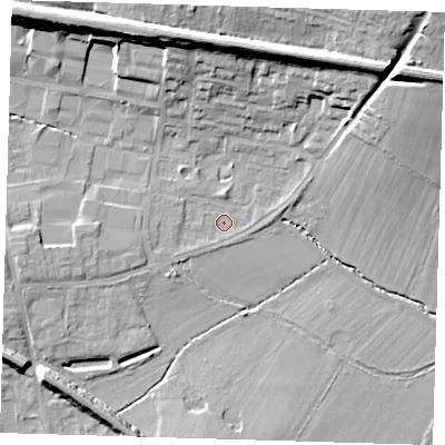 Shaded relief map of the ground around TN86DS, computed from Environment Agency LiDAR. The ground here sits at about 42 m above sea level and falls 18 m across the surrounding 800 m. Surface water reaching this point runs off ground lying to the west-south-west, 1.7 m higher.