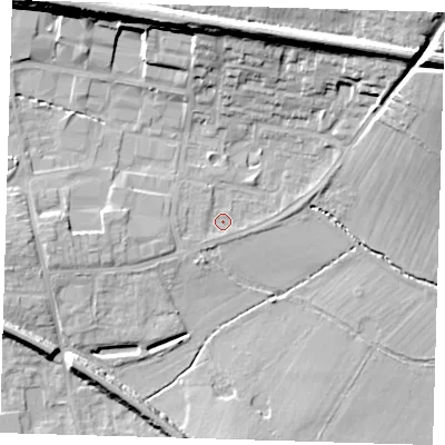 Shaded relief map of the ground around TN86DT, computed from Environment Agency LiDAR. The ground here sits at about 42 m above sea level and falls 17 m across the surrounding 800 m. Surface water reaching this point runs off ground lying to the west-south-west, 1.7 m higher.