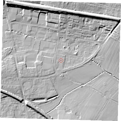 Shaded relief map of the ground around TN86DU, computed from Environment Agency LiDAR. The ground here sits at about 43 m above sea level and falls 18 m across the surrounding 800 m. Surface water reaching this point runs off ground lying to the south-west, 0.9 m higher.