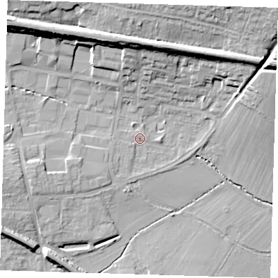 Shaded relief map of the ground around TN86DX, computed from Environment Agency LiDAR. The ground here sits at about 42 m above sea level and falls 20 m across the surrounding 800 m. Surface water reaching this point runs off ground lying to the south-west, 2.7 m higher.