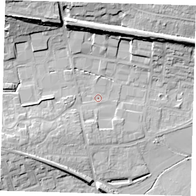 Shaded relief map of the ground around TN86ED, computed from Environment Agency LiDAR. The ground here sits at about 43 m above sea level and falls 19 m across the surrounding 800 m. Surface water reaching this point runs off ground lying to the north-west, 17.2 m higher.