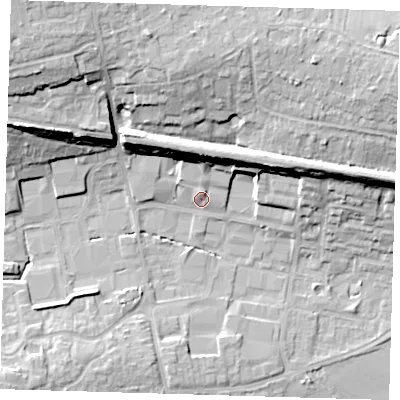 Shaded relief map of the ground around TN86EJ, computed from Environment Agency LiDAR. The ground here sits at about 45 m above sea level and falls 23 m across the surrounding 800 m. Surface water reaching this point runs off ground lying to the north-north-east, 12.6 m higher.