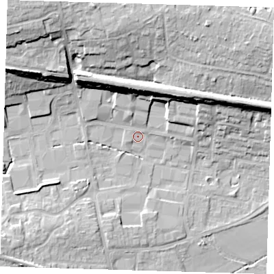 Shaded relief map of the ground around TN86EL, computed from Environment Agency LiDAR. The ground here sits at about 43 m above sea level and falls 23 m across the surrounding 800 m. Surface water reaching this point runs off ground lying to the north-east, 1.2 m higher.