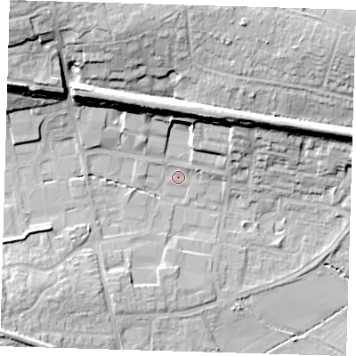 Shaded relief map of the ground around TN86EN, computed from Environment Agency LiDAR. The ground here sits at about 43 m above sea level and falls 23 m across the surrounding 800 m. Surface water reaching this point runs off ground lying to the north-north-east, 13.5 m higher.
