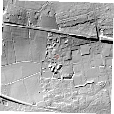 Shaded relief map of the ground around TN86FE, computed from Environment Agency LiDAR. The ground here sits at about 46 m above sea level and falls 26 m across the surrounding 800 m. Surface water reaching this point runs off ground lying to the north-north-west, 20.1 m higher.