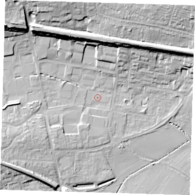 Shaded relief map of the ground around TN86FX, computed from Environment Agency LiDAR. The ground here sits at about 43 m above sea level and falls 20 m across the surrounding 800 m. Surface water reaching this point runs off ground lying to the north-west, 15.4 m higher.