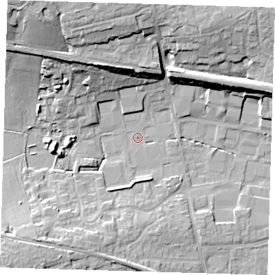 Shaded relief map of the ground around TN86HF, computed from Environment Agency LiDAR. The ground here sits at about 44 m above sea level and falls 24 m across the surrounding 800 m. Surface water reaching this point runs off ground lying to the north-west, 23.0 m higher.