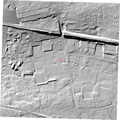 Shaded relief map of the ground around TN86HL, computed from Environment Agency LiDAR. The ground here sits at about 44 m above sea level and falls 24 m across the surrounding 800 m. Surface water reaching this point runs off ground lying to the south-west, 1.2 m higher.