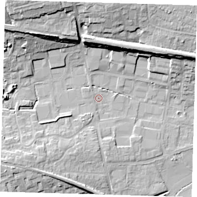 Shaded relief map of the ground around TN86HQ, computed from Environment Agency LiDAR. The ground here sits at about 43 m above sea level and falls 22 m across the surrounding 800 m. Surface water reaching this point runs off ground lying to the north-west, 20.5 m higher.