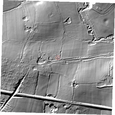Shaded relief map of the ground around TN86LR, computed from Environment Agency LiDAR. The ground here sits at about 55 m above sea level and falls 14 m across the surrounding 800 m. Surface water reaching this point runs off ground lying to the west, 5.4 m higher.