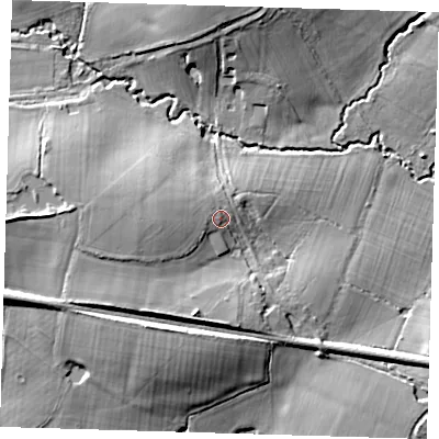 Shaded relief map of the ground around TN86LU, computed from Environment Agency LiDAR. The ground here sits at about 53 m above sea level and falls 15 m across the surrounding 800 m. Surface water reaching this point runs off ground lying to the west, 3.4 m higher.