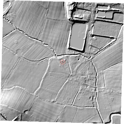 Shaded relief map of the ground around TN86LW, computed from Environment Agency LiDAR. The ground here sits at about 40 m above sea level and falls 18 m across the surrounding 800 m. Surface water reaching this point runs off ground lying to the south-west, 0.7 m higher.