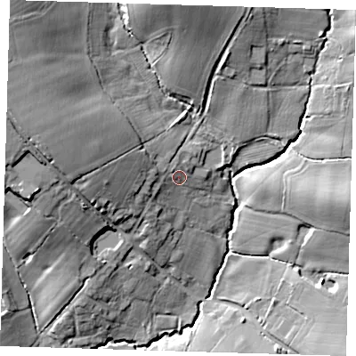 Shaded relief map of the ground around TN86NS, computed from Environment Agency LiDAR. The ground here sits at about 58 m above sea level and falls 23 m across the surrounding 800 m. Surface water reaching this point runs off ground lying to the west, 6.9 m higher.