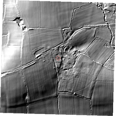 Shaded relief map of the ground around TN86PT, computed from Environment Agency LiDAR. The ground here sits at about 58 m above sea level and falls 19 m across the surrounding 800 m. Surface water reaching this point runs off ground lying to the north-west, 2.0 m higher.