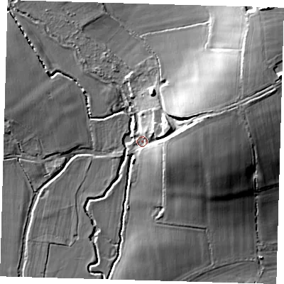 Shaded relief map of the ground around TN86PU, computed from Environment Agency LiDAR. The ground here sits at about 47 m above sea level and falls 19 m across the surrounding 800 m. Surface water reaching this point runs off ground lying to the east-north-east, 14.8 m higher.