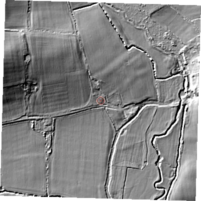 Shaded relief map of the ground around TN86PX, computed from Environment Agency LiDAR. The ground here sits at about 46 m above sea level and falls 14 m across the surrounding 800 m. Surface water reaching this point runs off ground lying to the north-west, 6.5 m higher.
