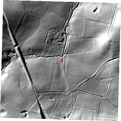 Shaded relief map of the ground around TN86QN, computed from Environment Agency LiDAR. The ground here sits at about 56 m above sea level and falls 26 m across the surrounding 800 m. Surface water reaching this point runs off ground lying to the east-north-east, 24.3 m higher.