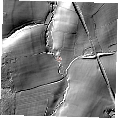 Shaded relief map of the ground around TN86QS, computed from Environment Agency LiDAR. The ground here sits at about 58 m above sea level and falls 21 m across the surrounding 800 m. Surface water reaching this point runs off ground lying to the north-west, 18.3 m higher.